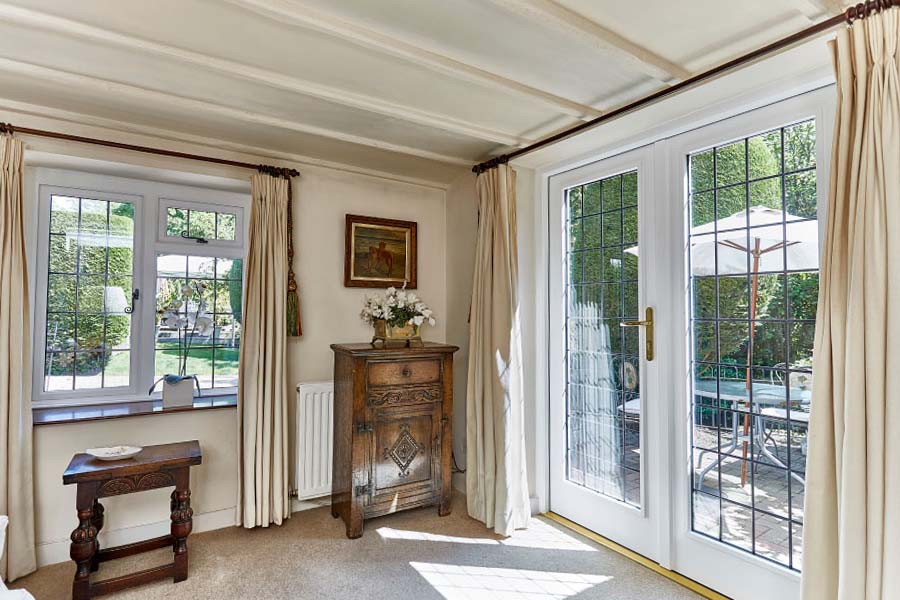 Internal shot of wooden French doors