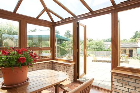 Golden Oak conservatory internal shot with garden view