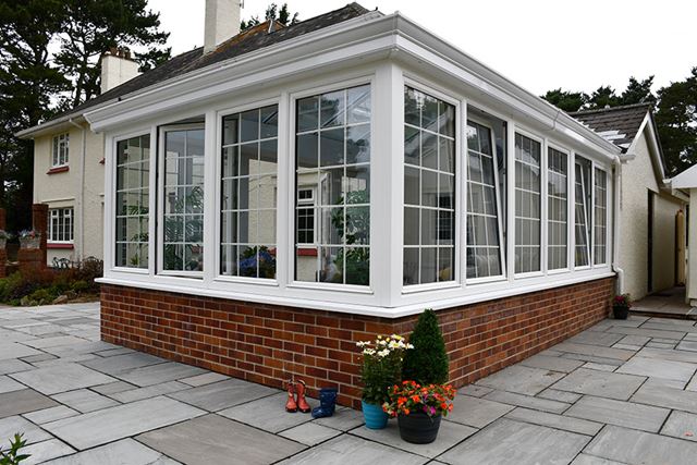 White uPVC Edwardian conservatory with French Doors and Georgian bars