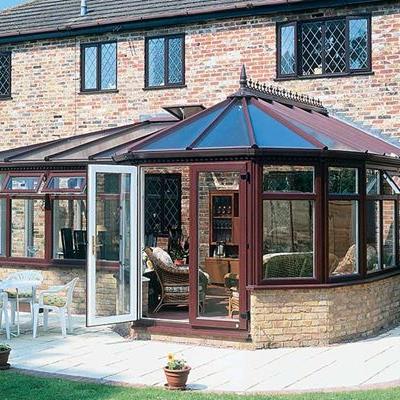 Dual dark woodgrain P-shaped harmony conservatory