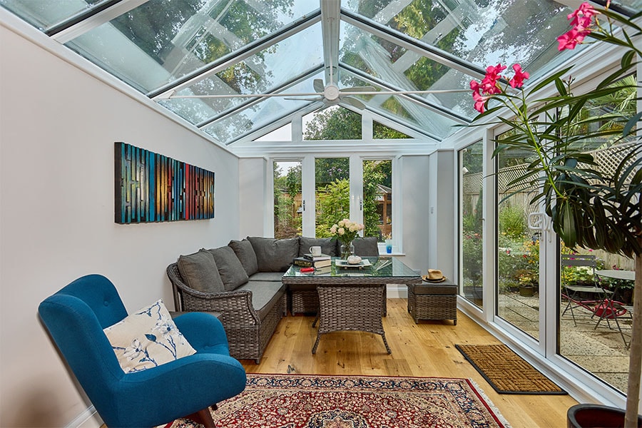 White uPVC Gable end regency conservatory living room linterior
