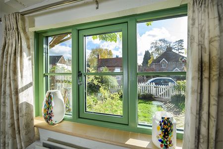 Timber flush casement window interior with Georgian insert bars Olive Green